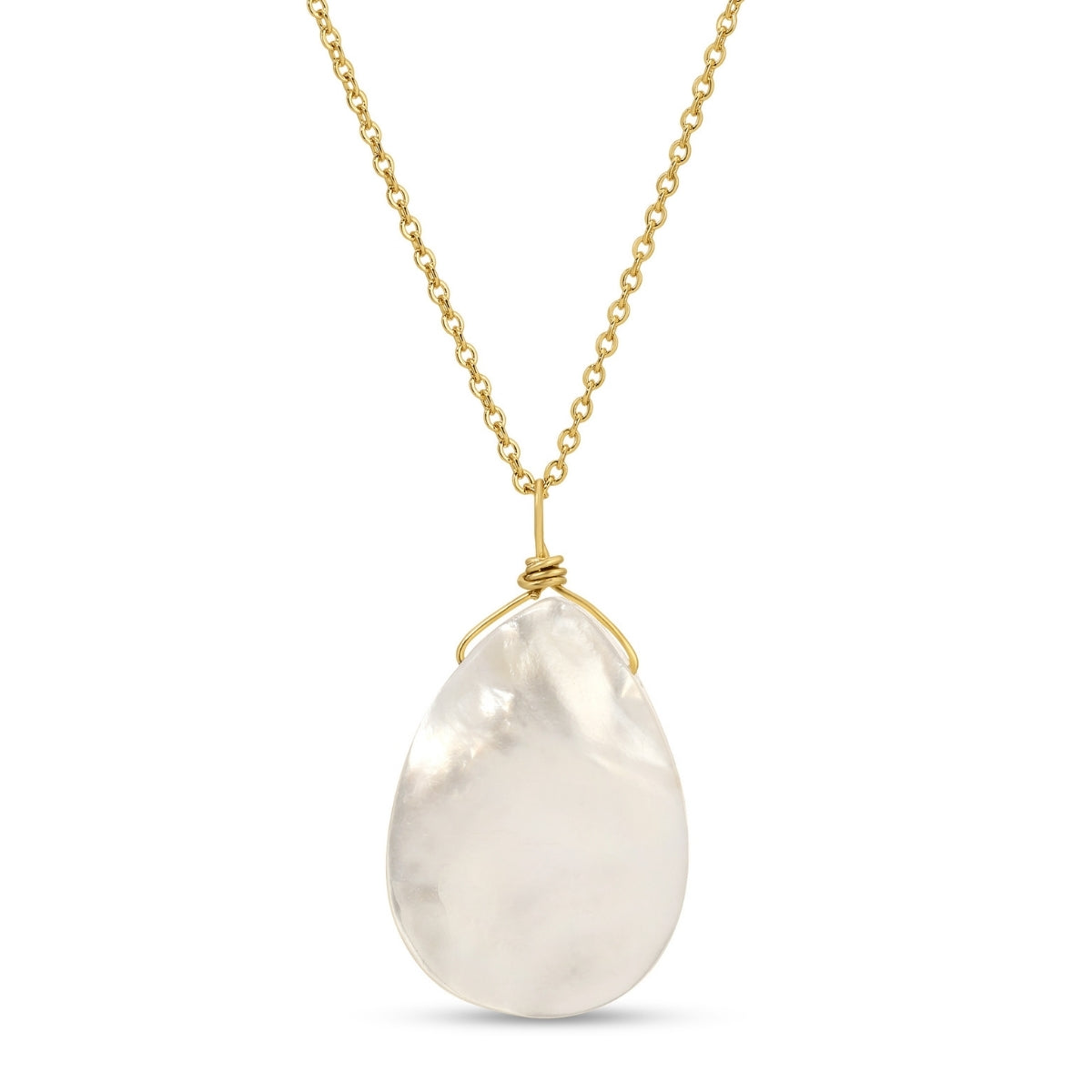 Necklace with a large, teardrop-shaped white stone pendant on a gold chain against a white background.