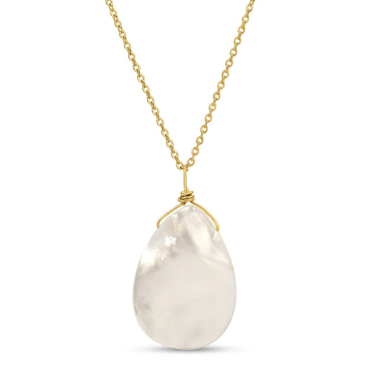 Necklace with a large, teardrop-shaped white stone pendant on a gold chain against a white background.