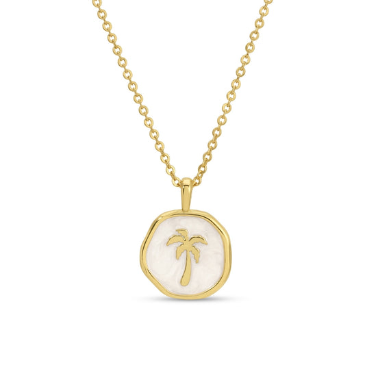 Gold necklace with a palm tree pendant on a white background