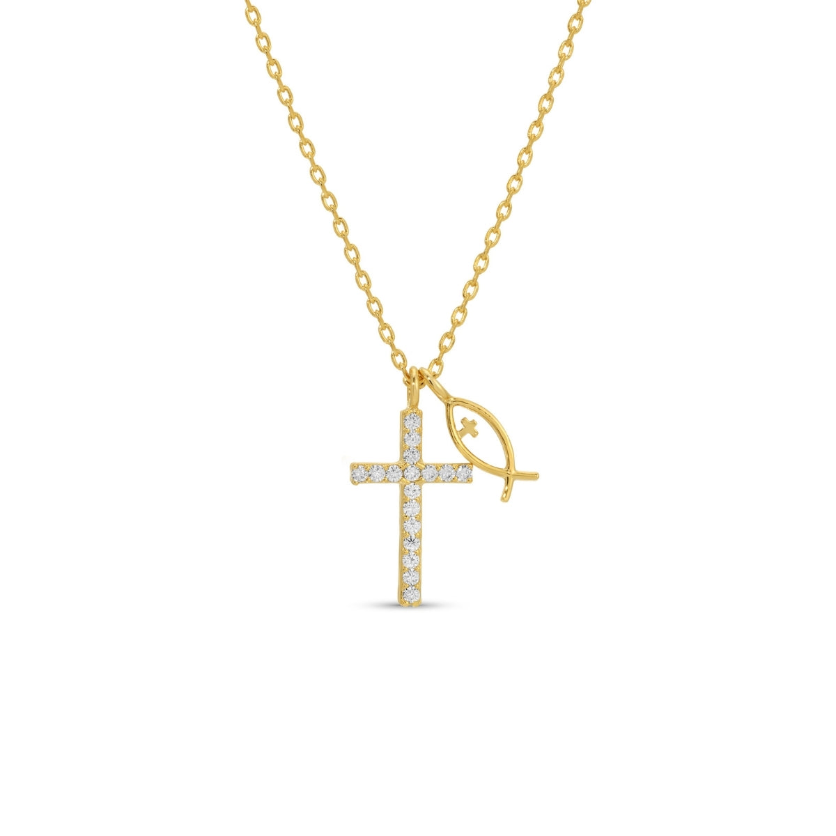 Gold necklace with a cross and eye-shaped pendant on a white background