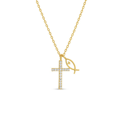 Gold necklace with a cross and eye-shaped pendant on a white background