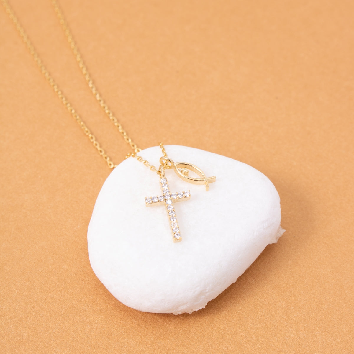Cubic Zirconia Cross Necklace with Ichthus Fish Charm