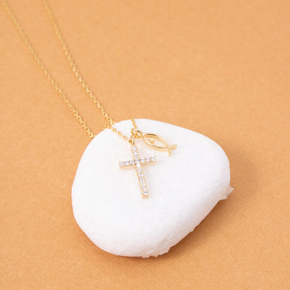 Cubic Zirconia Cross Necklace with Ichthus Fish Charm