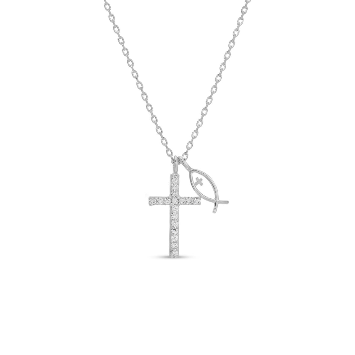 Cubic Zirconia Cross Necklace with Ichthus Fish Charm