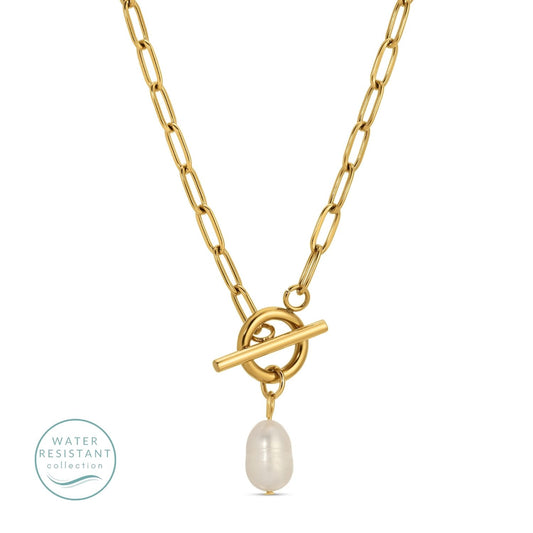 Toggle Water Resistant Paperclip Necklace with Pearl