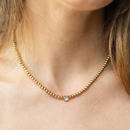 Beaded Heart Faux Diamond Necklace, Water Resistant