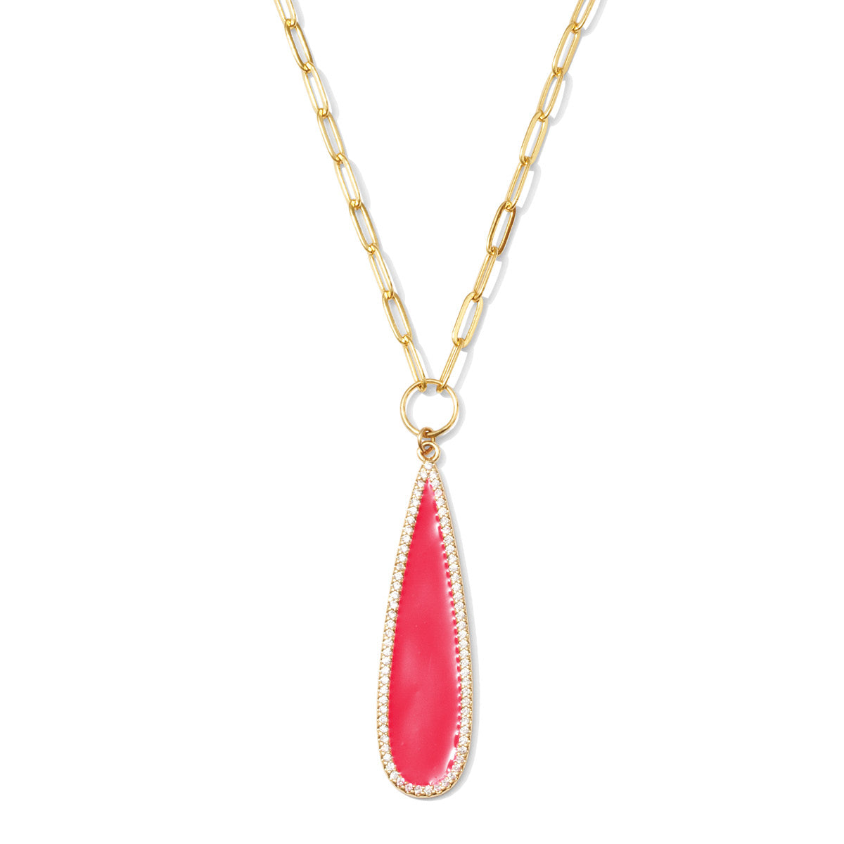 Teardrop Pave Pendant Paperclip Chain Necklace