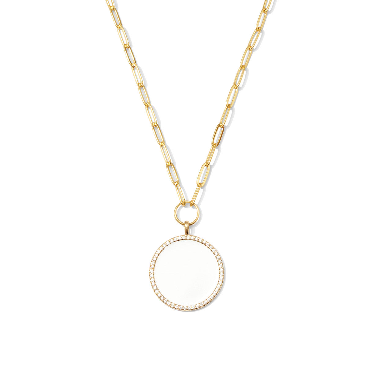 Circle Pave Pendant Paperclip Chain Necklace