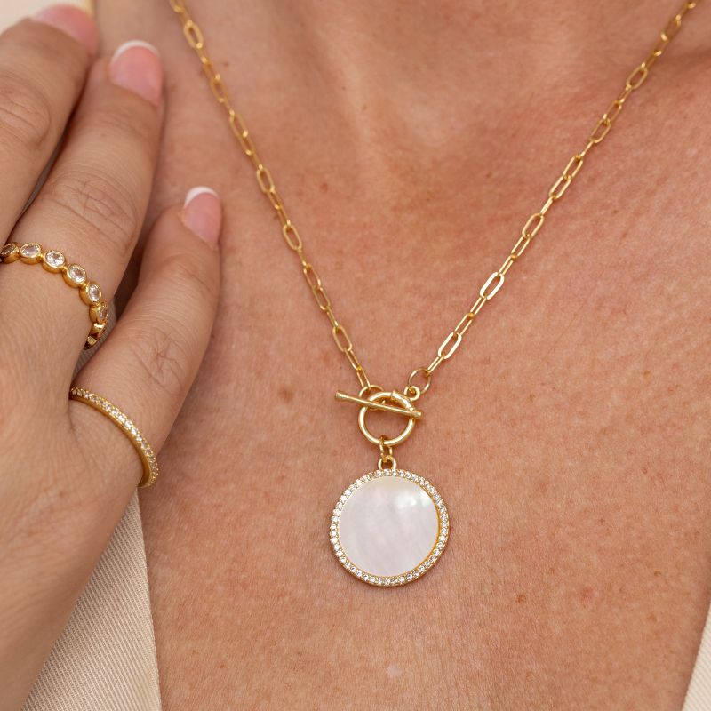 Mother of Pearl Pavé Circle Toggle Necklace
