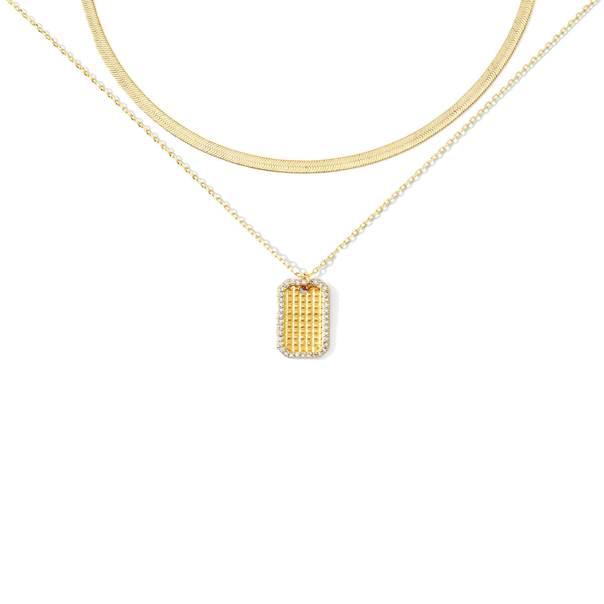 Layered Necklace With Textured Pave Pendant