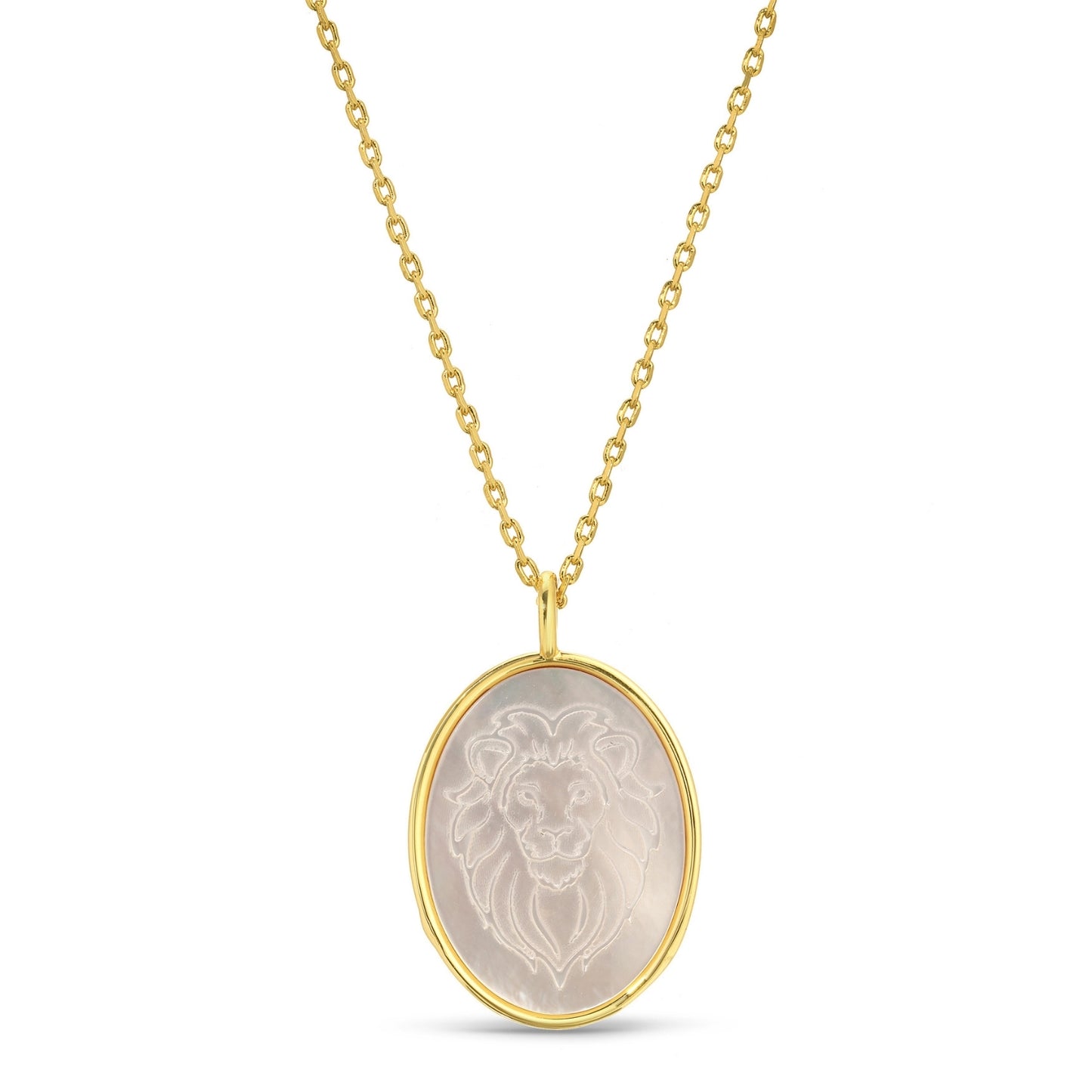Lion Etched Shell Oval Pendant Necklace