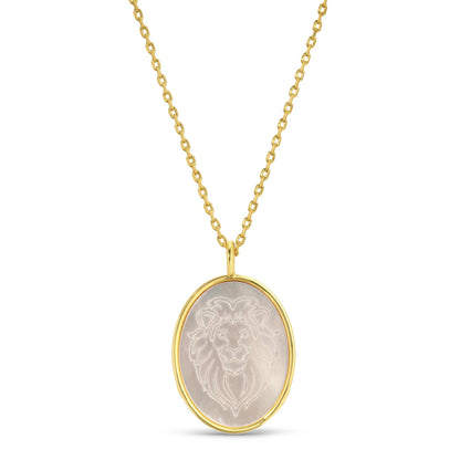 Lion Etched Shell Oval Pendant Necklace