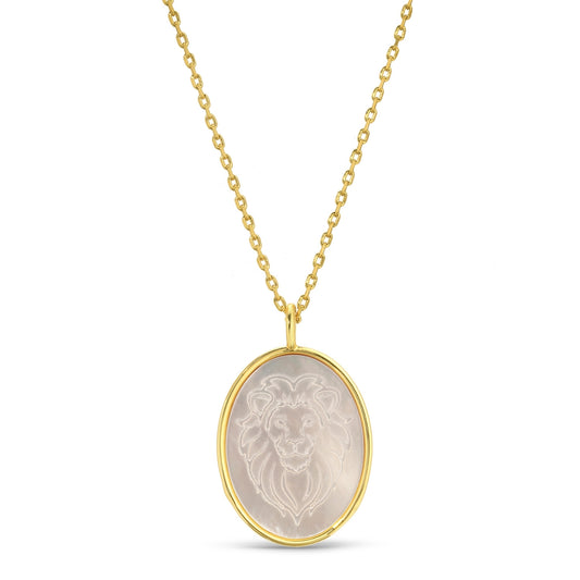 Lion Etched Shell Oval Pendant Necklace