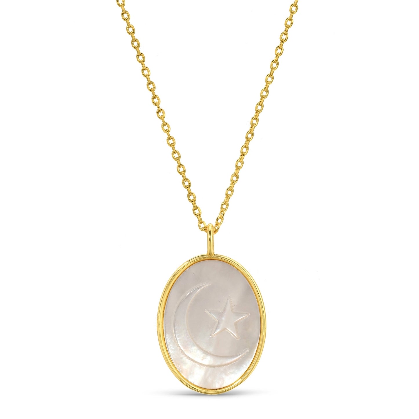 Moon and Star Etched Shell Oval Pendant Necklace