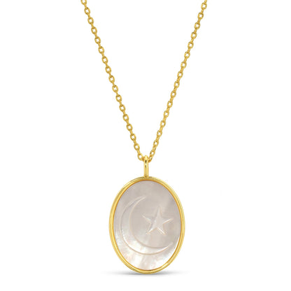 Moon and Star Etched Shell Oval Pendant Necklace