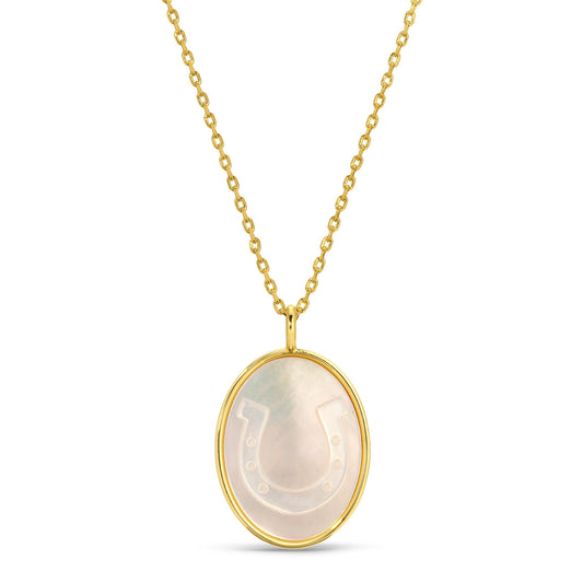 Horse Shoe Etched Shell Oval Pendant Necklace