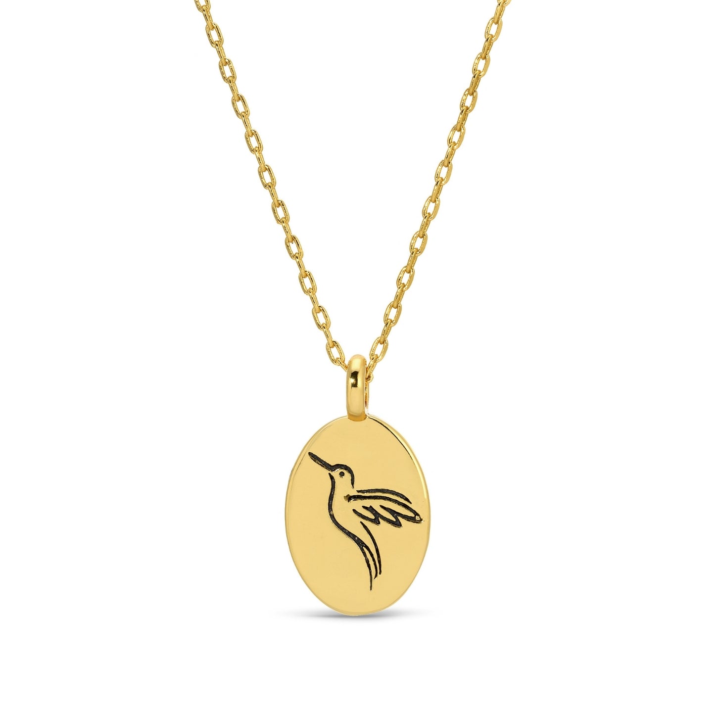 Etched Hummingbird Oval Pendant Necklace