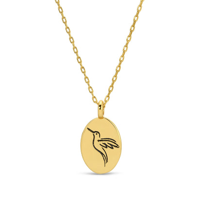 Etched Hummingbird Oval Pendant Necklace