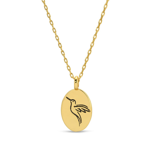 Etched Hummingbird Oval Pendant Necklace
