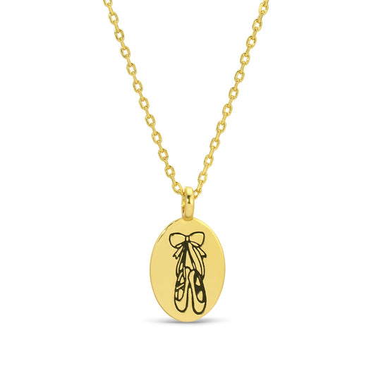 Etched Ballet Slippers Oval Pendant Necklace