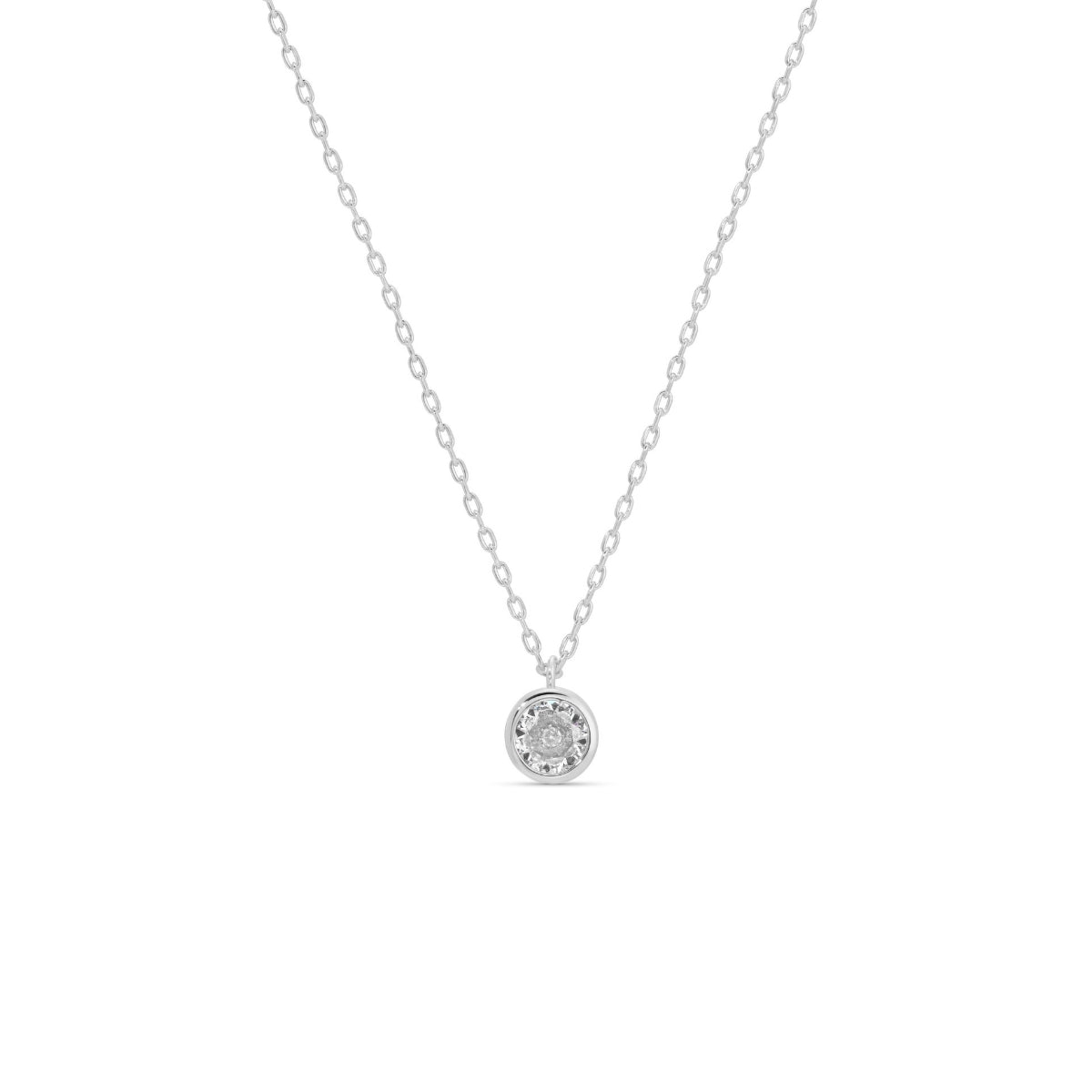 Silver necklace with a round pendant on a white background