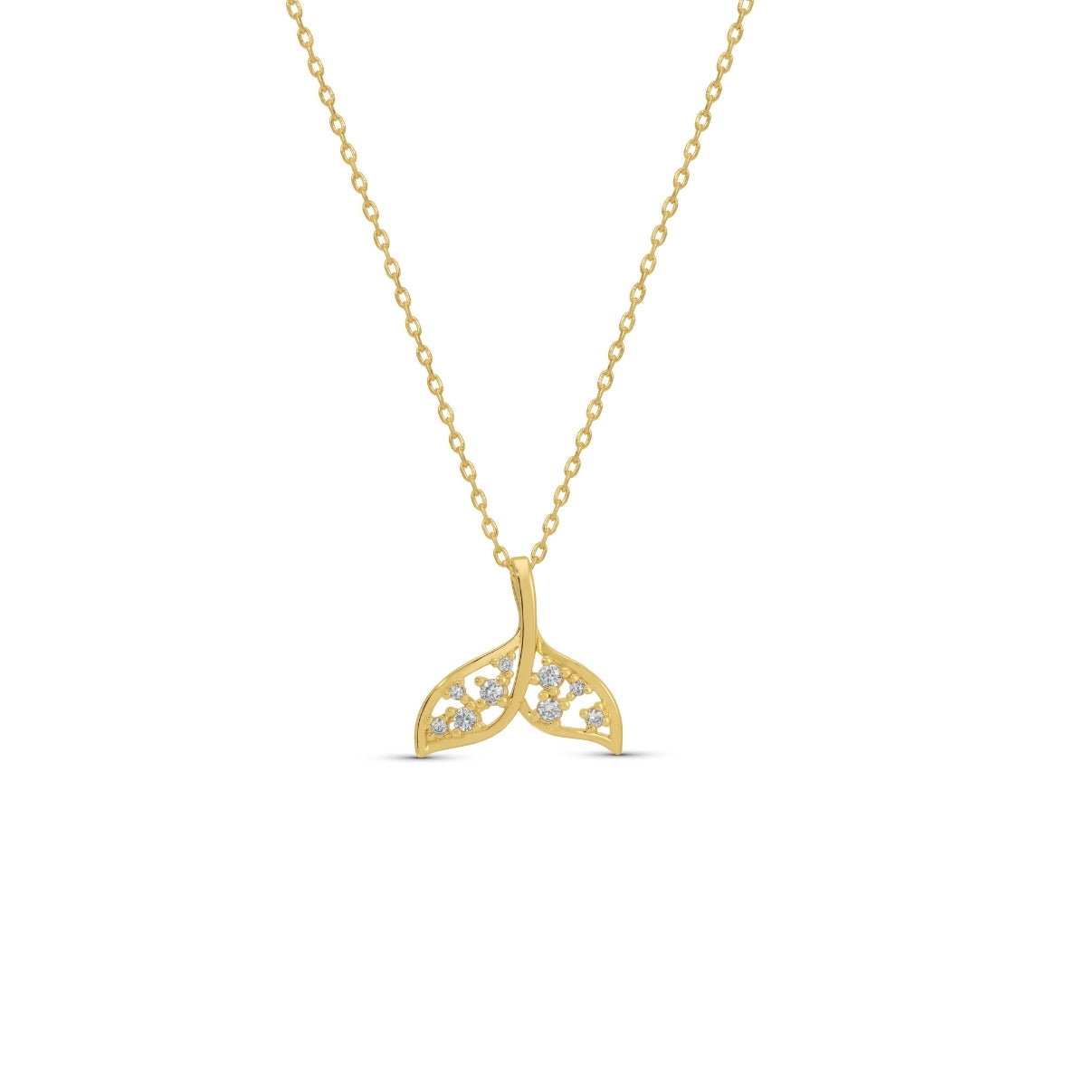 Gold necklace with a leaf-shaped pendant on a white background