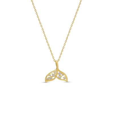 Gold necklace with a leaf-shaped pendant on a white background