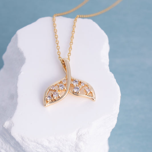 Sparkling Whale Tail Outline Necklace with CZ Accents