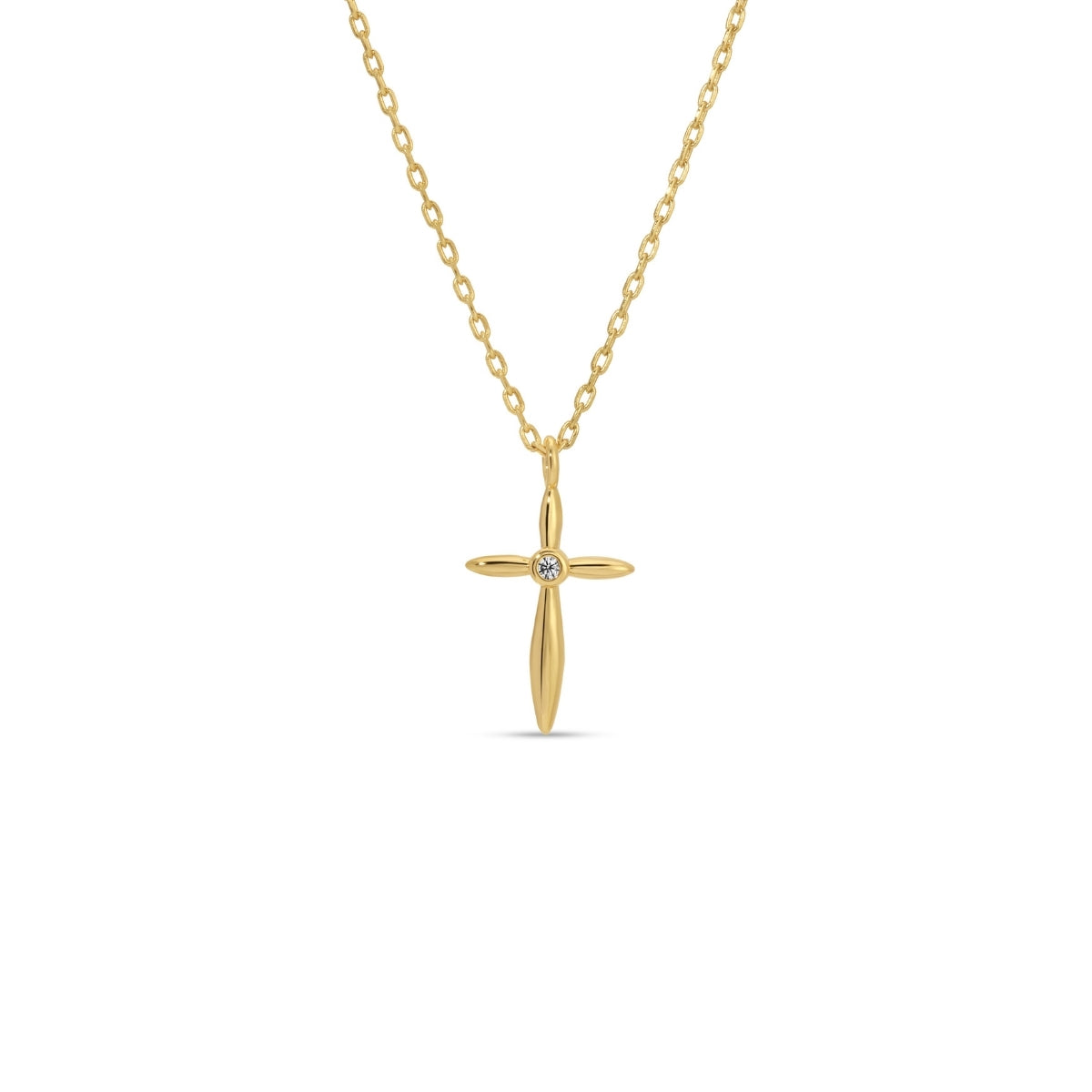 Gold cross necklace with a diamond on a white background