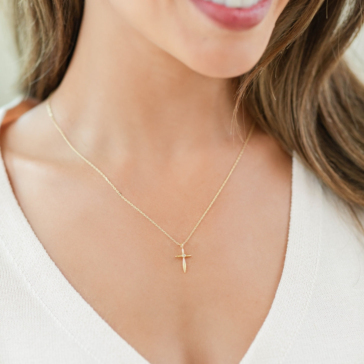 Petite Cross Necklace with Sparkling Cubic Zirconia Center