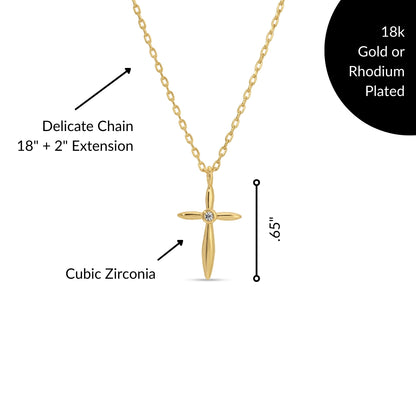 Petite Cross Necklace with Sparkling Cubic Zirconia Center