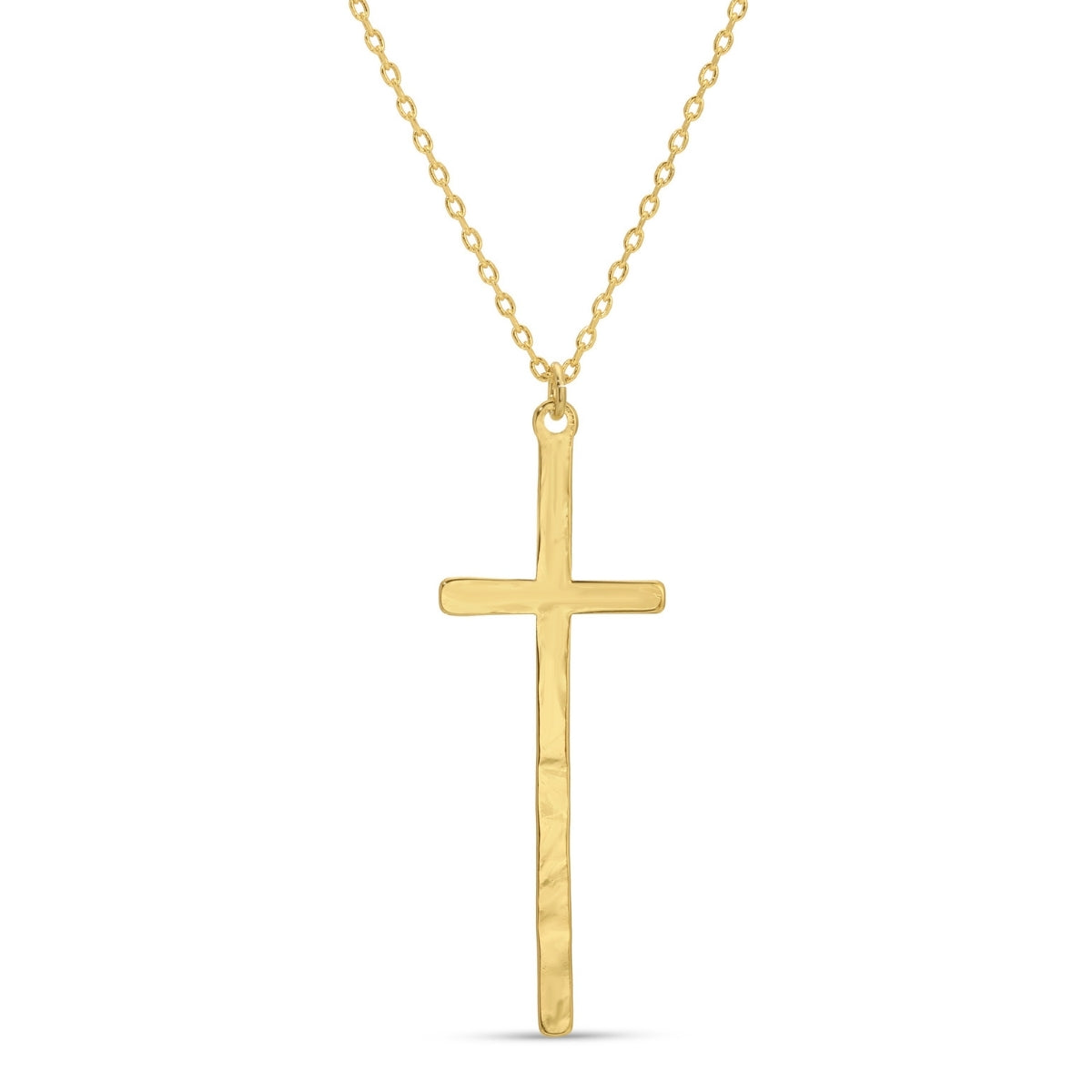 Gold cross necklace on a white background