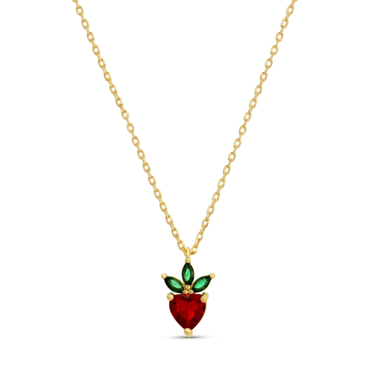 Necklace with a red and green pendant on a white background