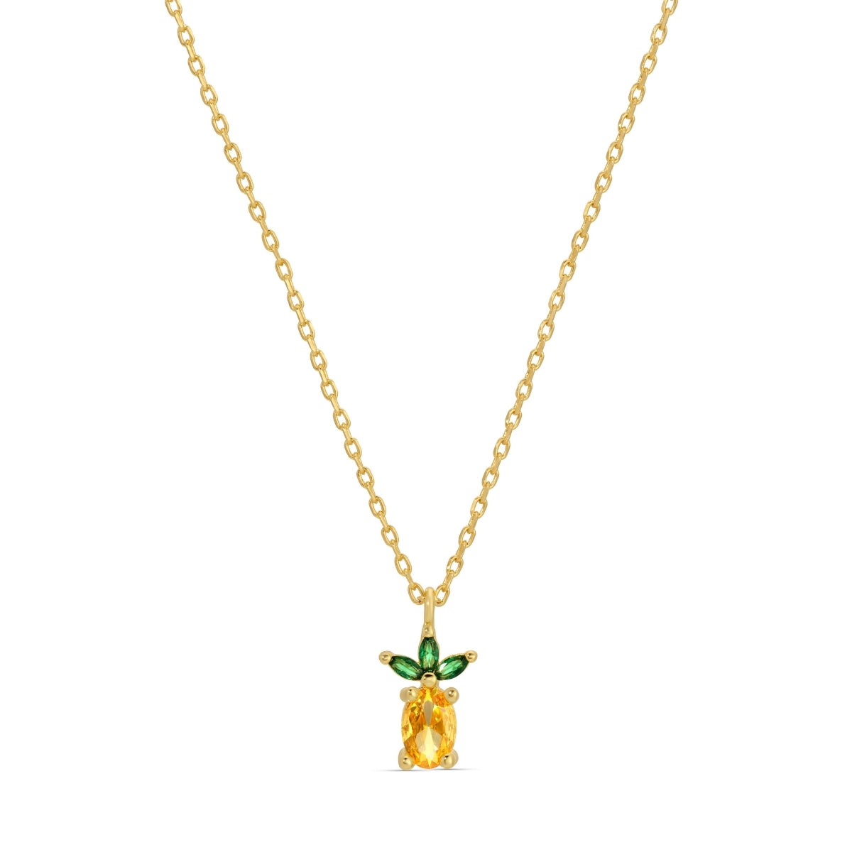Gold necklace with a pineapple-shaped pendant featuring a yellow gemstone and green accents on a white background.