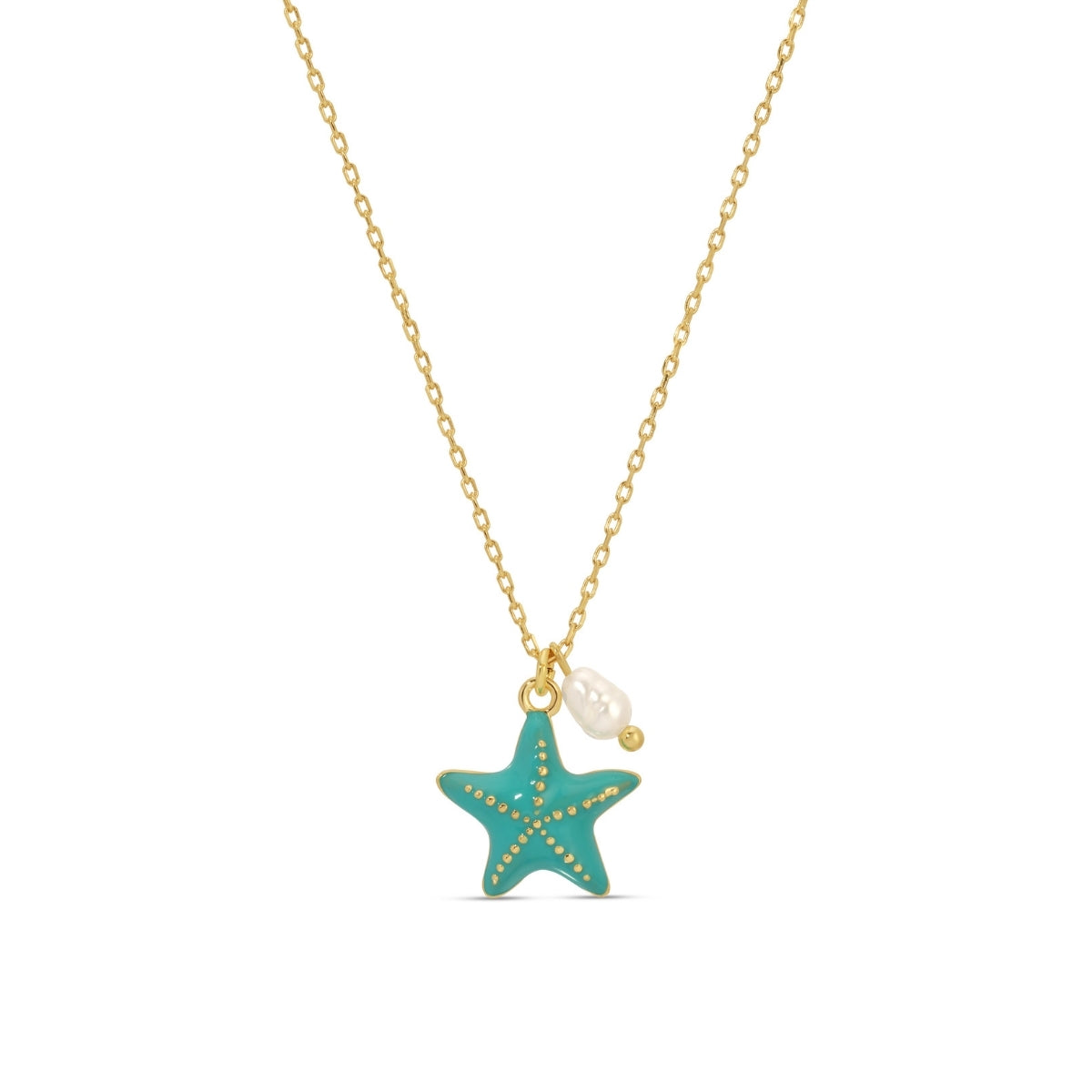 Necklace with a starfish pendant and pearl on a white background