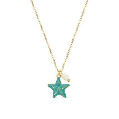 Necklace with a starfish pendant and pearl on a white background