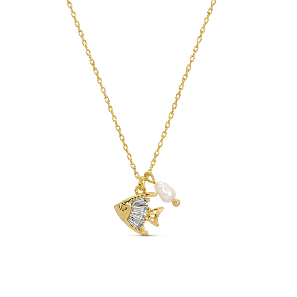 Gold necklace with a pendant featuring a bow and pearl on a white background