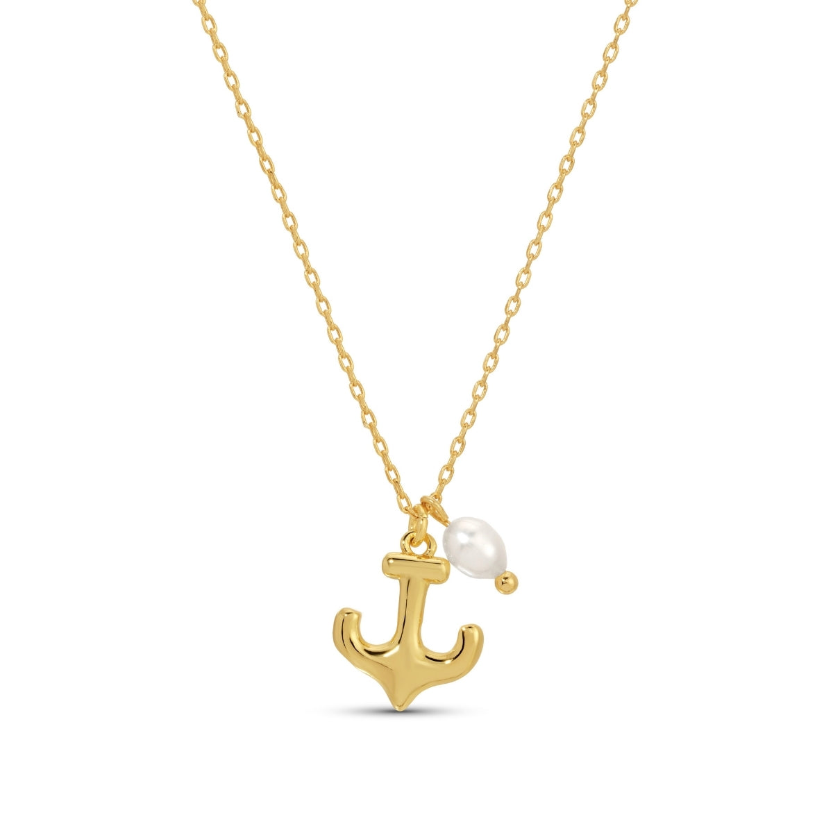 Gold anchor necklace with a pearl on a white background