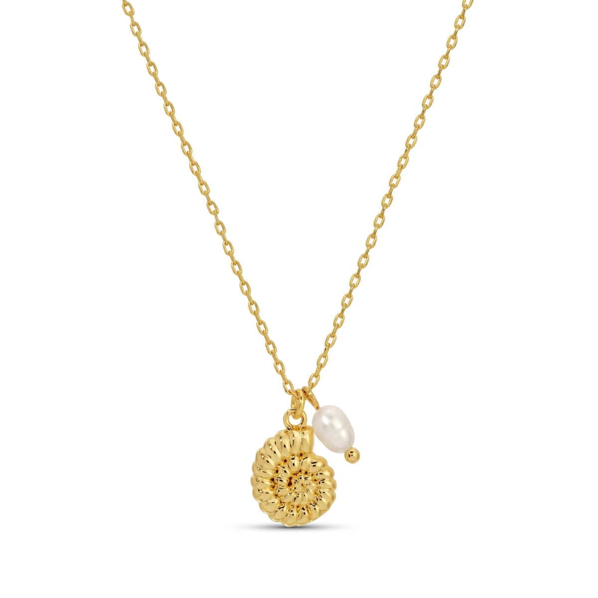 Gold necklace with a pearl pendant on a white background