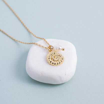 Spiral Shell Pendant Necklace with Freshwater Pearl