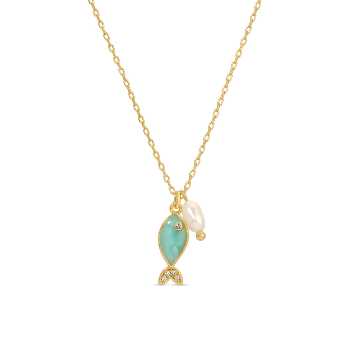 Gold necklace with a turquoise fish pendant and pearl on a white background