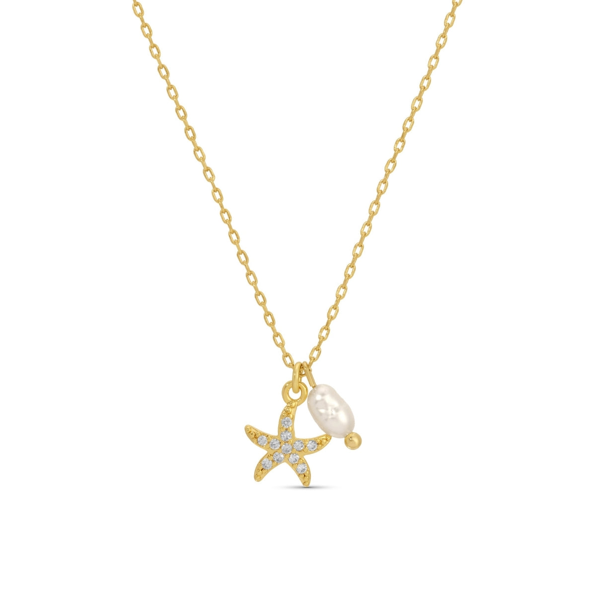 Gold necklace with starfish and pearl pendant on a white background