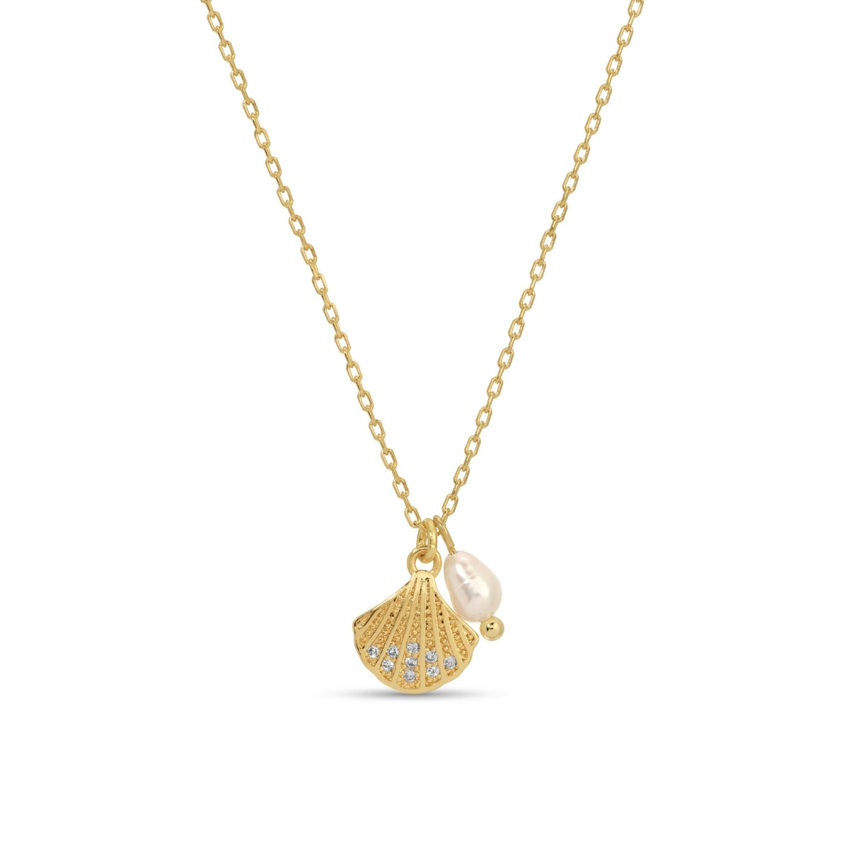 Gold necklace with shell and pearl pendant on a white background