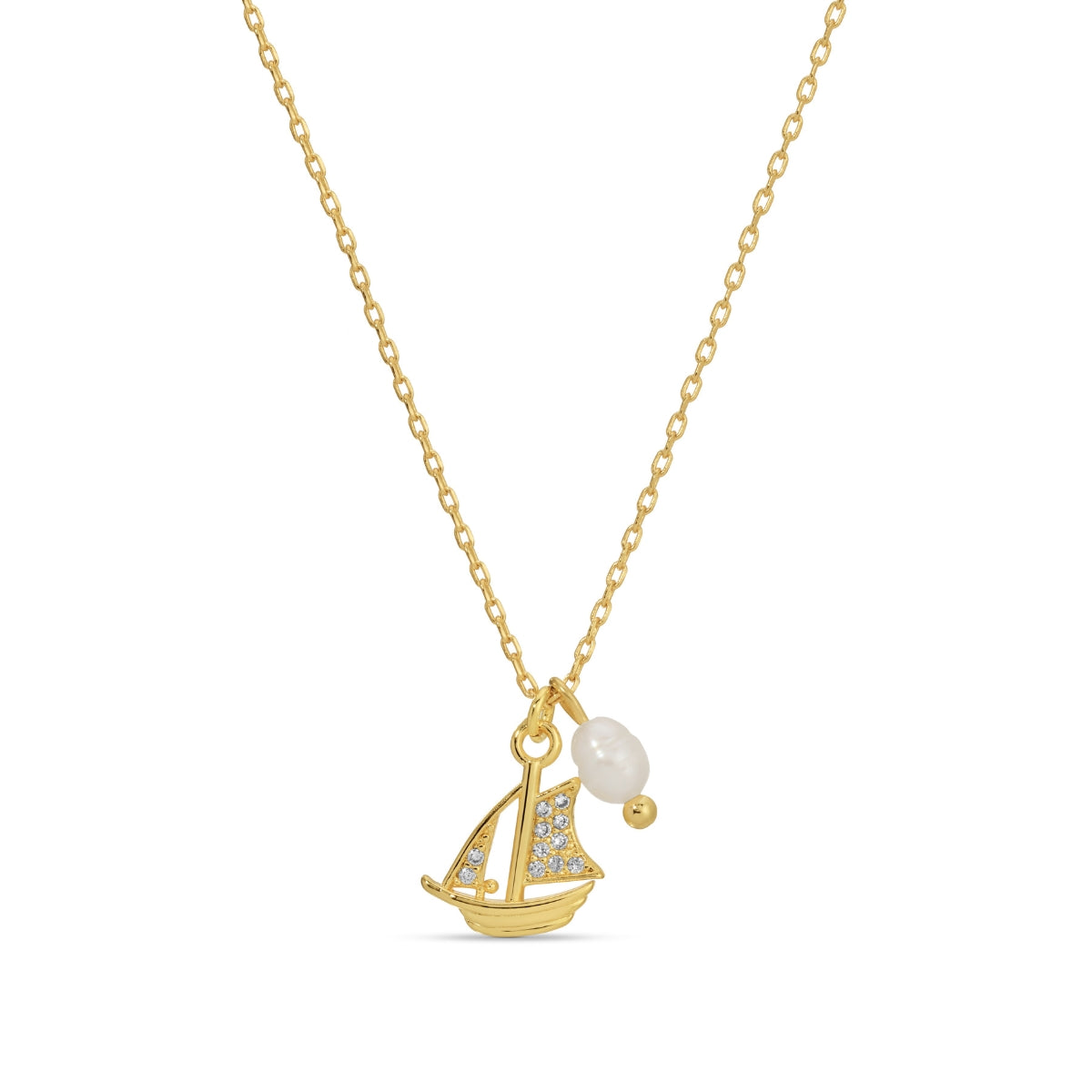 Gold necklace with a sailboat pendant and pearl on a white background