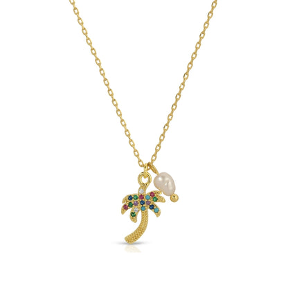 Gold necklace with a palm tree pendant and pearl on a white background
