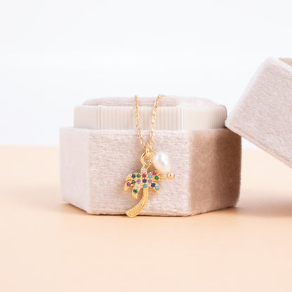 CZ Palm Tree Pendant Necklace with Freshwater Pearl