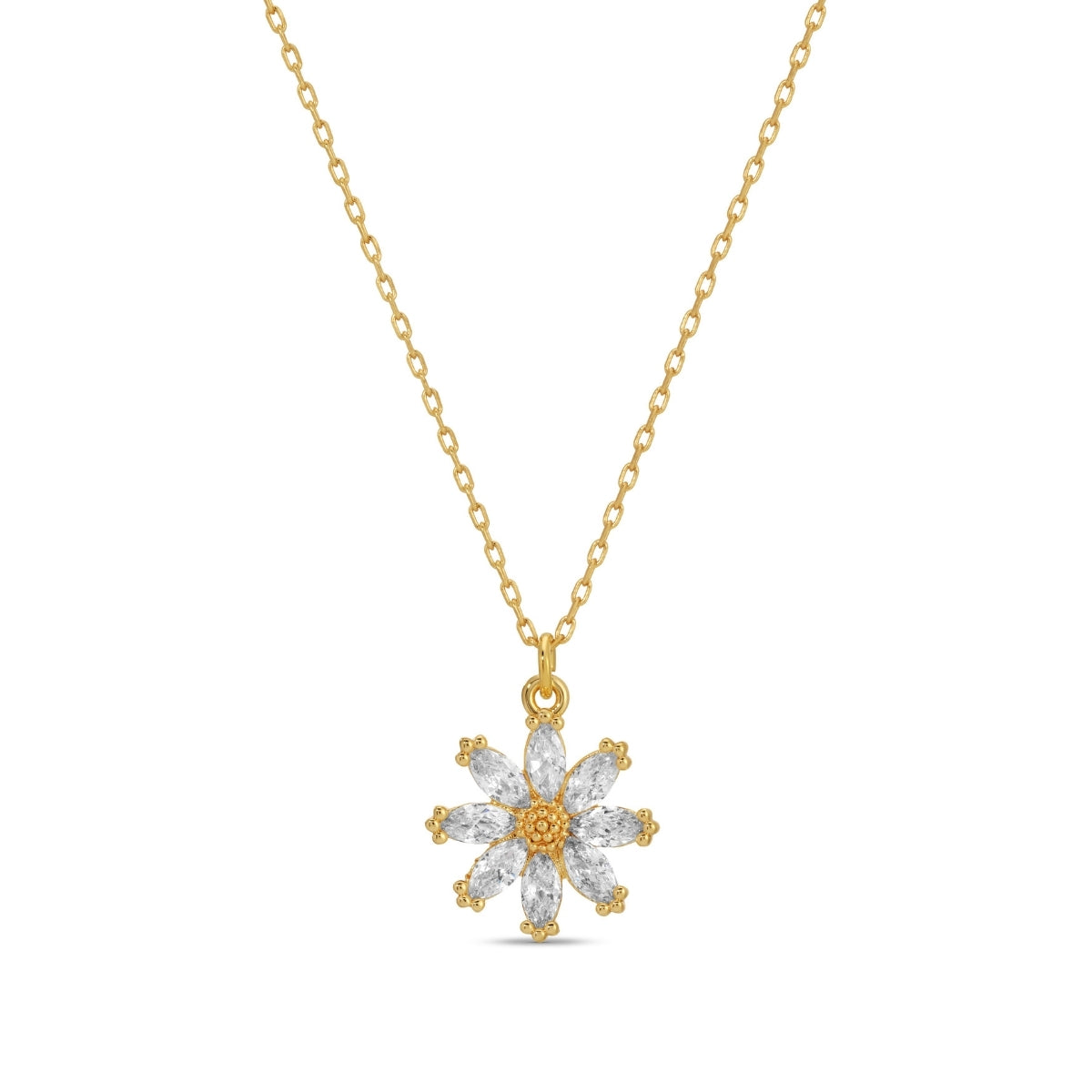 Gold necklace with a flower-shaped pendant on a white background