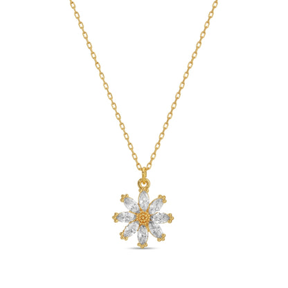 Gold necklace with a flower-shaped pendant on a white background