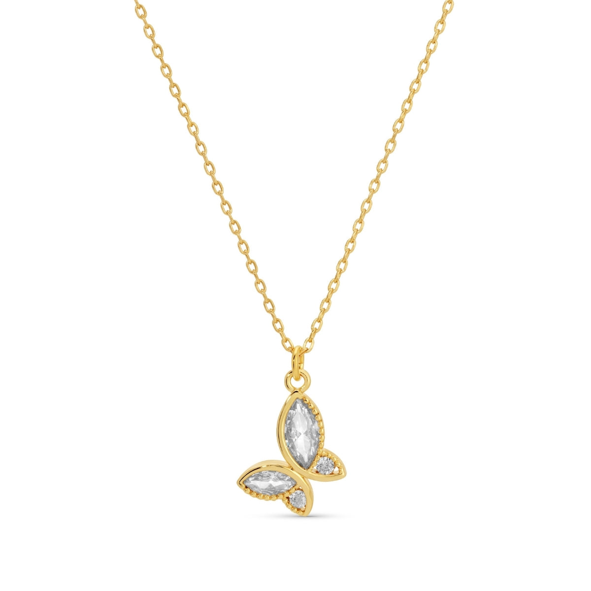 Gold necklace with a butterfly-shaped pendant on a white background