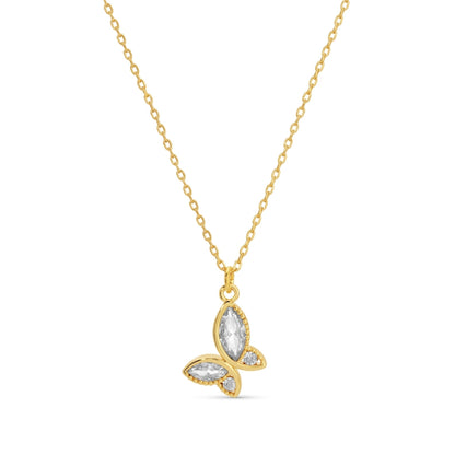 Gold necklace with a butterfly-shaped pendant on a white background